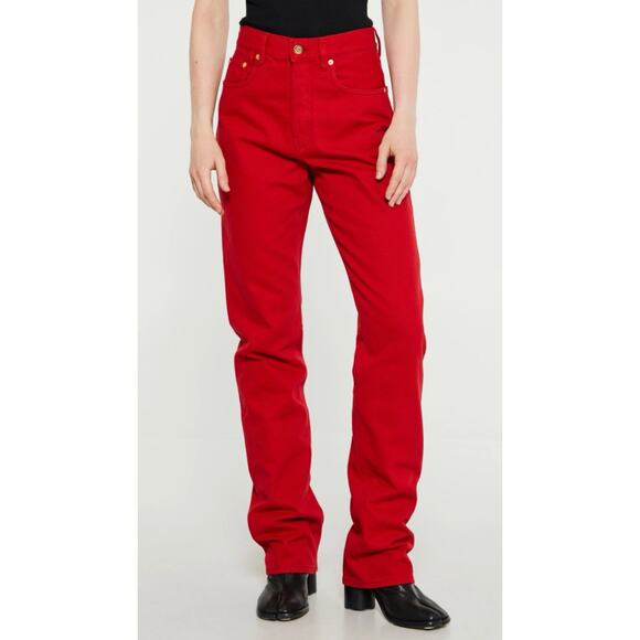 Zara Womens Button Fly Jeans Red Straight Leg High Waist Collection Size 8